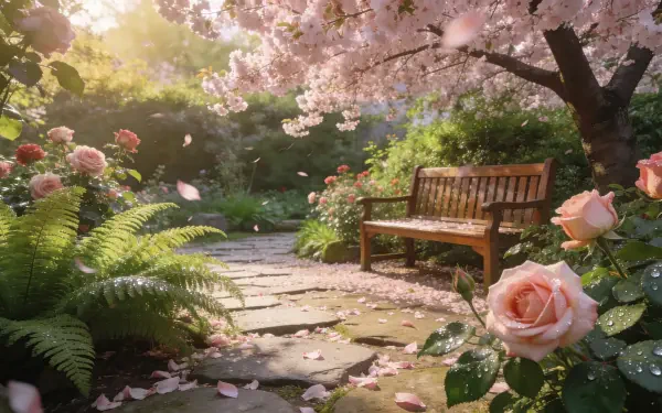 4K Ultra HD PC desktop wallpaper and background — garden aesthetic: sunlit path, wooden bench, ferns and blooming roses under cherry blossoms, petals drifting in morning light.
