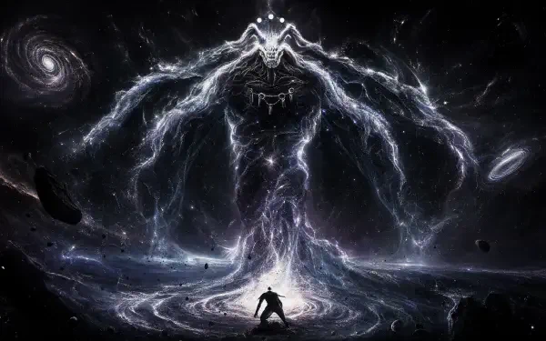 4K Ultra HD PC desktop wallpaper: Mahoraga (Jujutsu Kaisen) as a colossal, storm-made cosmic entity looming over a lone silhouetted figure amid galaxies and lightning.