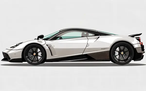 Pagani hypercar side profile in silver on a white backdrop — 4K Ultra HD PC desktop wallpaper/background.