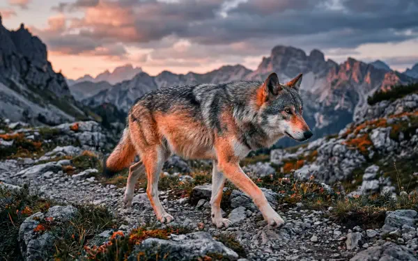 Wolf walking across a rocky alpine ridge at sunset with dramatic clouds and distant peaks — 5K Ultra HD PC desktop wallpaper/background.