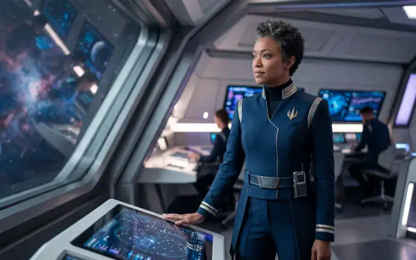 Starship captain stands on a futuristic bridge, hand on a holographic console, gazing ahead amid starfield displays — 5K Ultra HD PC desktop wallpaper background.
