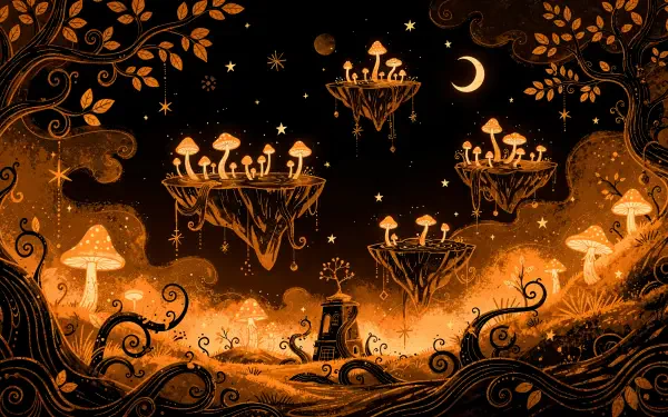 Black and orange fantasy scene, 4K Ultra HD PC desktop wallpaper and background: floating mushroom islands, glowing fungi, crescent moon and stars above a lone figure amid swirling vines.