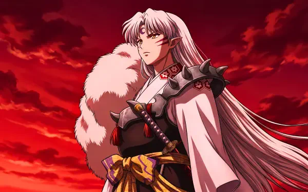 Sesshōmaru, demon noble from InuYasha, stands beneath a blood-red Feudal Japan sky, long silver hair, white fur pelt and spiked armor — 5K Ultra HD anime PC desktop wallpaper.