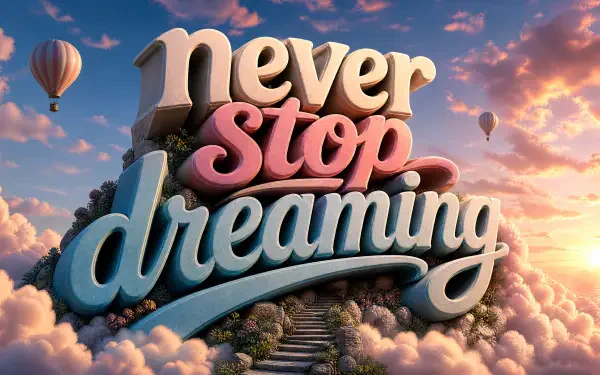 4K Ultra HD PC desktop wallpaper showing giant 3D text never stop dreaming emerging from cloud-topped stairs in a colorful sunset sky with hot air balloons.
