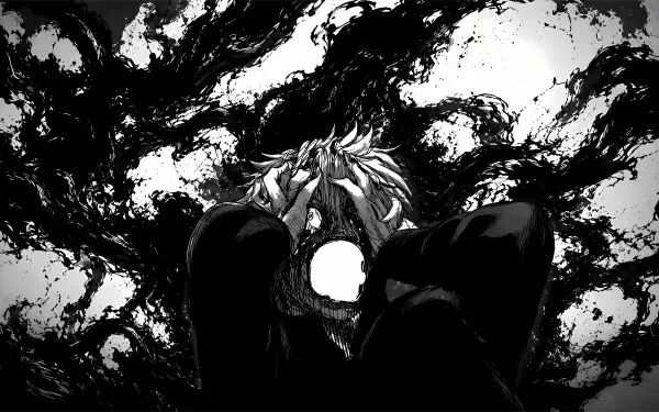 Tokyo Ghoul:re 5K Ultra HD PC desktop wallpaper/background — monochrome close-up of a ghoul with a white mask, surrounded by swirling black kagune, high-contrast horror imagery.