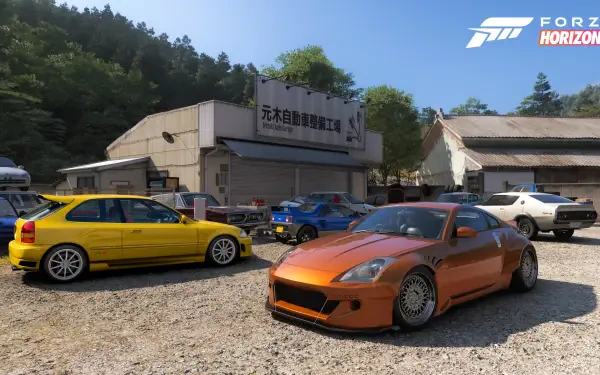 Forza Horizon 6 video game 4K Ultra HD PC desktop wallpaper: tuned orange sports car and yellow hatchback parked in a sunlit rural garage yard with trees and blue sky.