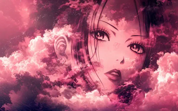 Nana anime portrait emerging from a pink cloudscape, high-detail 4K Ultra HD PC desktop wallpaper and background.