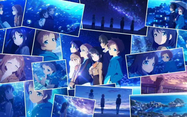 Nagi no Asukara collage of main characters under starry night skies and shimmering ocean panels — vibrant 4K Ultra HD PC desktop wallpaper and background.