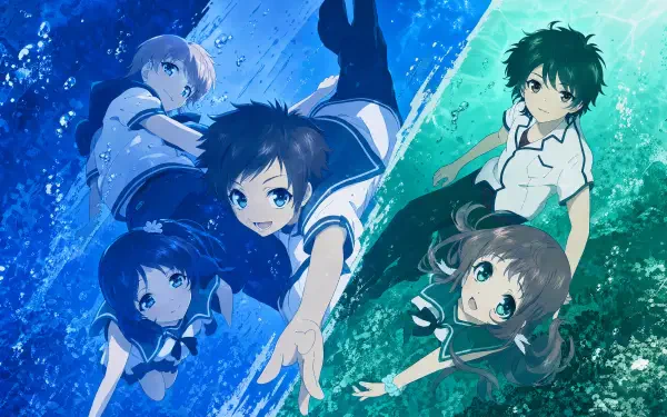Nagi no Asukara — five school-uniformed teens floating and reaching through a blue-green ocean split, dynamic 4K Ultra HD PC desktop wallpaper and background.