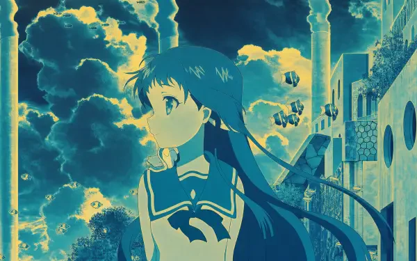 Nagi no Asukara 4K Ultra HD PC desktop wallpaper and background: serene anime girl in sailor uniform gazes at dramatic cloudy sky over seaside town with teal-blue palette.
