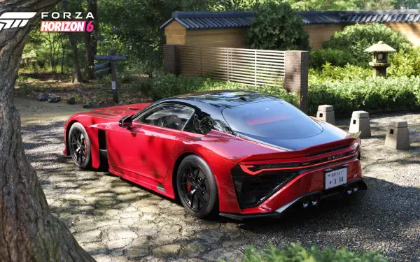 4K Ultra HD PC desktop wallpaper and background: Forza Horizon 6 video game scene featuring a glossy red supercar parked on a stone path in a sunlit Japanese garden.