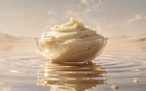 Steaming swirl of mashed potatoes in a glass bowl reflected on rippling water under a soft desert sky — 4K Ultra HD PC Desktop Wallpaper and Background.