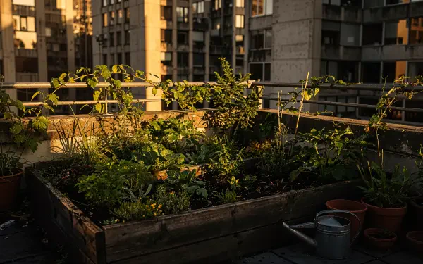 Rooftop urban gardening at golden hour: lush raised-bed herbs and vegetables with watering cans and pots against a high-rise skyline — 4K Ultra HD PC desktop wallpaper/background.