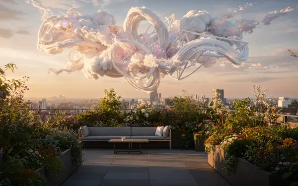 4K Ultra HD PC desktop wallpaper: rooftop garden with modern bench and lush planters overlooking a city at sunset, surreal ribbon-like cloud sculpture above.
