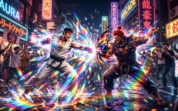 Street Fighter duel in a neon-drenched Osaka street, two fighters unleashing vibrant energy blasts — 5K Ultra HD PC desktop wallpaper and background.