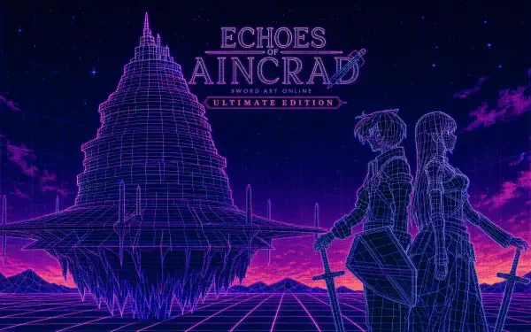 Echoes of Aincrad 4K Ultra HD PC desktop wallpaper: neon‑purple wireframe Aincrad floating above a grid, two sword‑wielding wireframe figures back‑to‑back under the title.