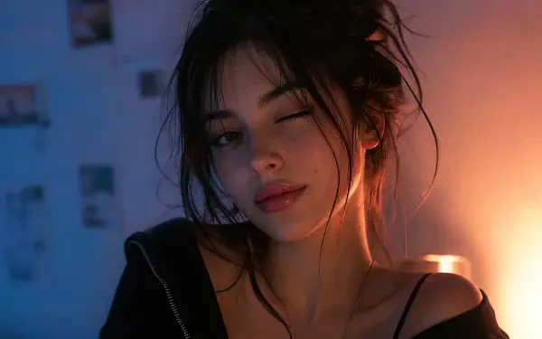 Young woman winking in moody blue-orange lighting, soft focus, 4K Ultra HD PC desktop wallpaper and background.