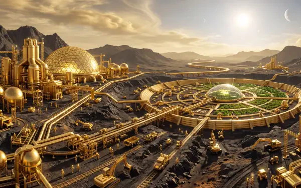 Terraforming 5K Ultra HD PC desktop wallpaper/background: golden futuristic colony with domes, radial green biosphere, roads and machines reshaping a rugged alien desert under a bright sun.