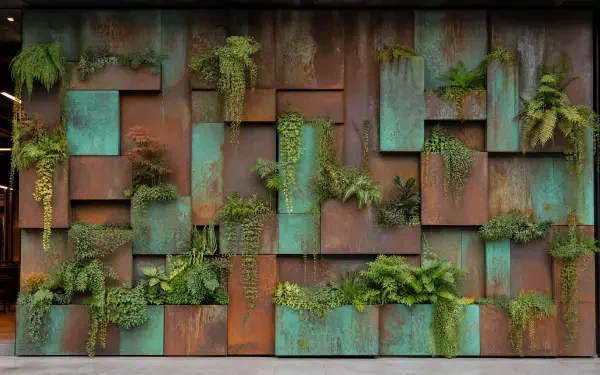 4K Ultra HD PC desktop wallpaper and background of a living wall: staggered oxidized metal panels with cascading ferns and pockets of lush green foliage.