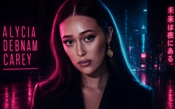 4K Ultra HD PC desktop wallpaper: close-up portrait of a woman with long dark hair and gold earrings against a neon-lit cyberpunk city at night, bathed in pink and blue light.