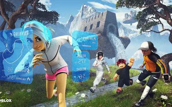 4K Ultra HD PC desktop wallpaper showing Roblox avatars exploring snowy mountain ruins, colorful characters racing past holographic HUD panels amid trees and floating islands