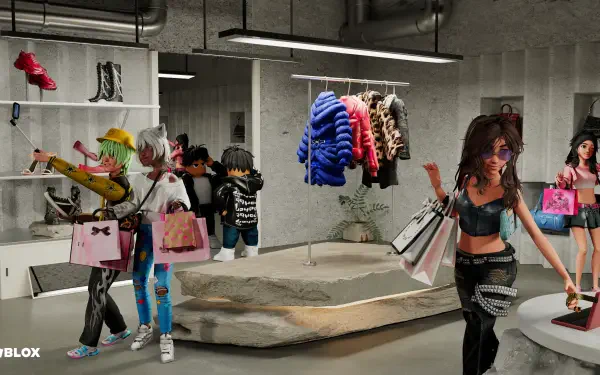 Roblox video game: avatars shopping in a modern boutique with colorful jackets and shopping bags — 4K Ultra HD PC desktop wallpaper.