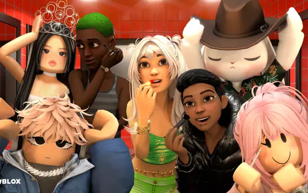 Vibrant Roblox video game group portrait of diverse avatars — playful, fashionable characters posing in a red-tiled room; 4K Ultra HD PC desktop wallpaper and background.