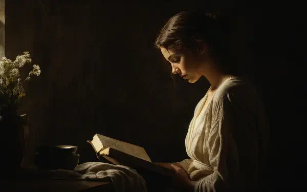 Softly lit woman reading by warm light, exuding peaceful energy — 4K Ultra HD PC desktop wallpaper background.
