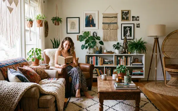Boho interior: woman reading on a textured sofa amid plants, macramé wall hangings, woven chair and wooden shelves — 5K Ultra HD PC Desktop Wallpaper and Background.