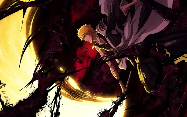 Ichigo Kurosaki in Bleach: Thousand-Year Blood War, lunging with black tendrils against a fiery moon — dramatic anime 5K Ultra HD PC desktop wallpaper/background