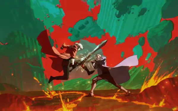Devil May Cry (2025) 4K Ultra HD PC desktop wallpaper and background: two swordfighters clash midair above molten lava against a bold red and green painterly backdrop.