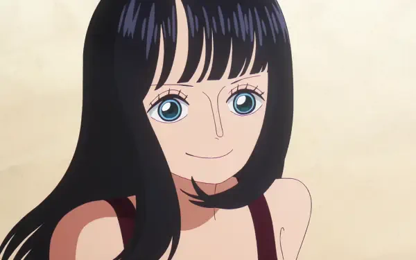 Anime HD PC desktop wallpaper: One Piece's Nico Robin smiling with long black hair and bright blue eyes against a soft beige background.