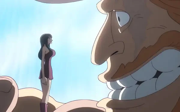 4K Ultra HD PC wallpaper: anime One Piece characters Nico Robin and Jaguar D. Saul standing together against a vivid sky, richly detailed cinematic background.