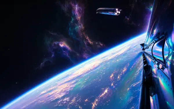 Starship (SpaceX) ascending above a glowing blue Earth horizon, vivid nebulae and stars—4K Ultra HD PC desktop wallpaper and background.