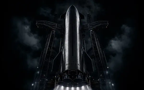 Starship (SpaceX) on the launch mount at night, engines glowing beneath a stainless-steel hull, framed by gantries and stormy clouds — 4K Ultra HD PC desktop wallpaper/background.