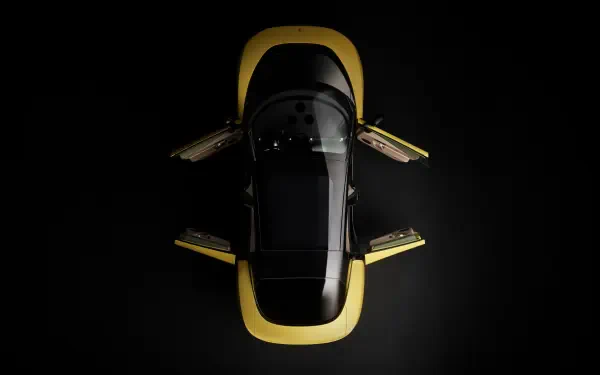 Top-down view of a Ferrari Luce sports car with yellow accents and gullwing doors open on a black background — 4K Ultra HD PC desktop wallpaper.