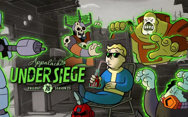 Fallout 76 video game HD PC desktop wallpaper/background: Vault Boy in sunglasses sips a soda as glowing ghouls and mutants attack, comic-style Appalachia Under Siege logo.