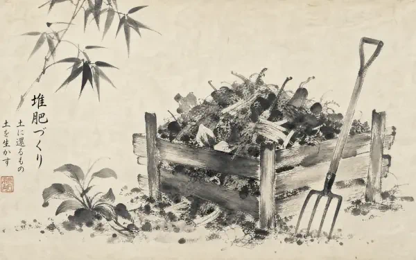 Ink-style illustration of composting in a rustic bin piled with garden debris and a pitchfork, bamboo accents — 4K Ultra HD PC desktop wallpaper and background.