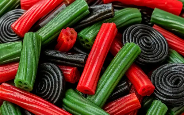 4K Ultra HD PC desktop wallpaper showing close-up of red, green, and black licorice twists and spiral candies in vivid detail.