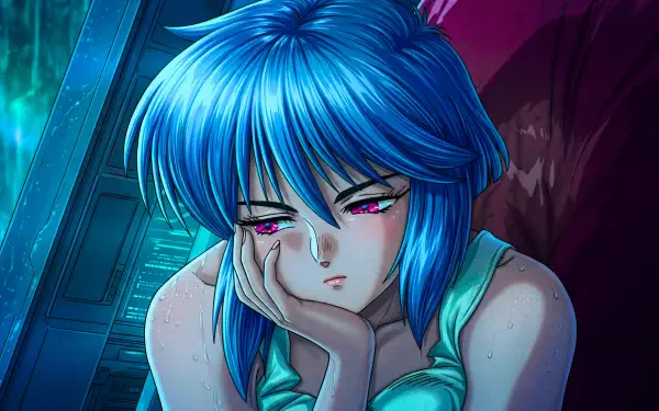Melancholic blue-haired Motoko Kusanagi anime girl (waifu) in retro neon style, 5K Ultra HD Ghost in the Shell 2026 PC wallpaper, close-up resting her chin on her hand.