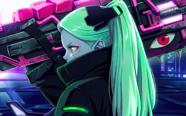 Rebecca from Cyberpunk: Edgerunners — neon-drenched anime girl with mint ponytail and red eyes, hoisting a massive futuristic gun in a cyberpunk 5K Ultra HD PC desktop wallpaper.