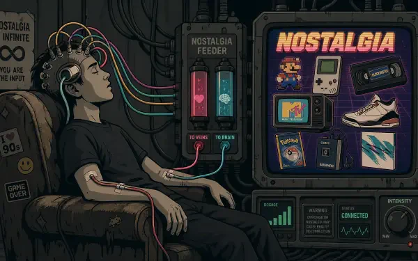 4K Ultra HD PC desktop wallpaper: person reclines with neural cables to a 'NOSTALGIA' feed vending screen showing retro games, a Game Boy, cassette tapes and sneakers.