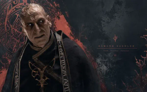 Osmund Saddler: menacing priest-like villain with pale skin, dark robes and red occult sigils against a stormy backdrop — 4K Ultra HD PC desktop wallpaper and background.