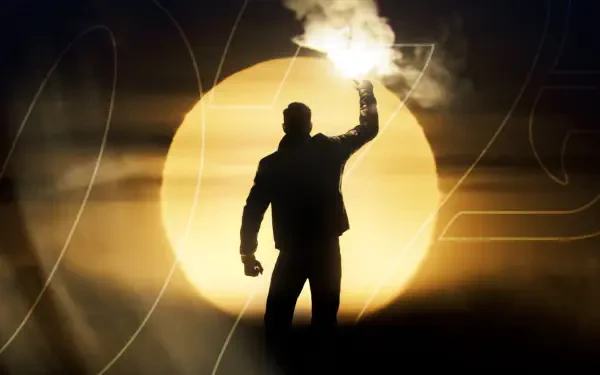 Silhouette of a figure holding a flare before a giant glowing sun with faint 007 graphics — HD PC desktop wallpaper for the video game 007: First Light.