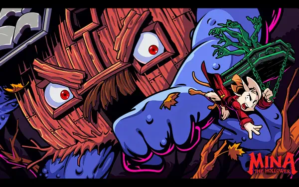 Minna the Hollower video game 4K Ultra HD PC desktop wallpaper background — Minna struggles against a giant wooden-faced monster with blue hands, red eyes, falling autumn leaves and twisted vines.
