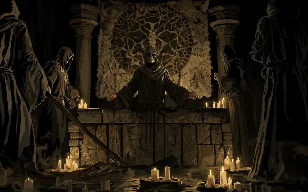 Zealot (Resident Evil) at a candlelit altar surrounded by robed cultists in a dark gothic ritual — 4K Ultra HD PC desktop wallpaper and background.