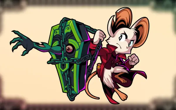 HD PC desktop wallpaper from the video game Minna The Hollower: cartoon mouse hero leaping beside a green ornate coffin-like relic on a soft bordered background.