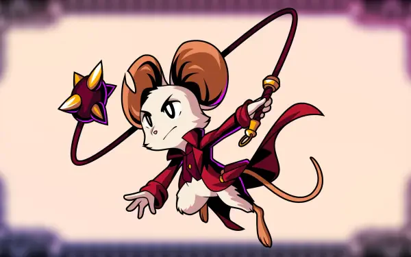 HD PC desktop wallpaper and background of Minna The Hollower (video game): stylized mouse in a red coat mid-leap, swinging a spiked flail against a soft gradient backdrop.