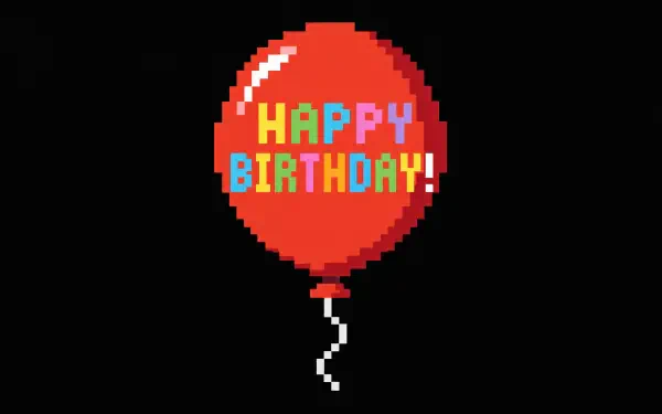 Pixel-art red birthday balloon with HAPPY BIRTHDAY! in colorful block letters on a black background — 4K Ultra HD PC desktop wallpaper.
