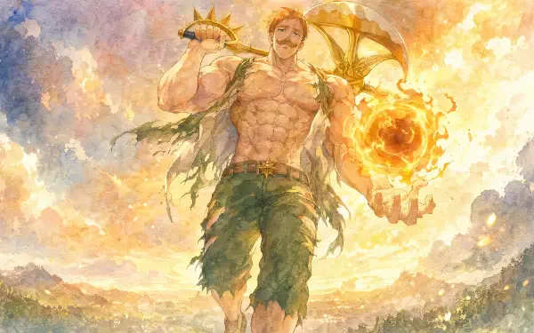 Escanor (The Seven Deadly Sins) 4K Ultra HD PC wallpaper — towering muscular Escanor bathed in golden light, holding a blazing sun orb above a glowing, cloud-filled landscape.